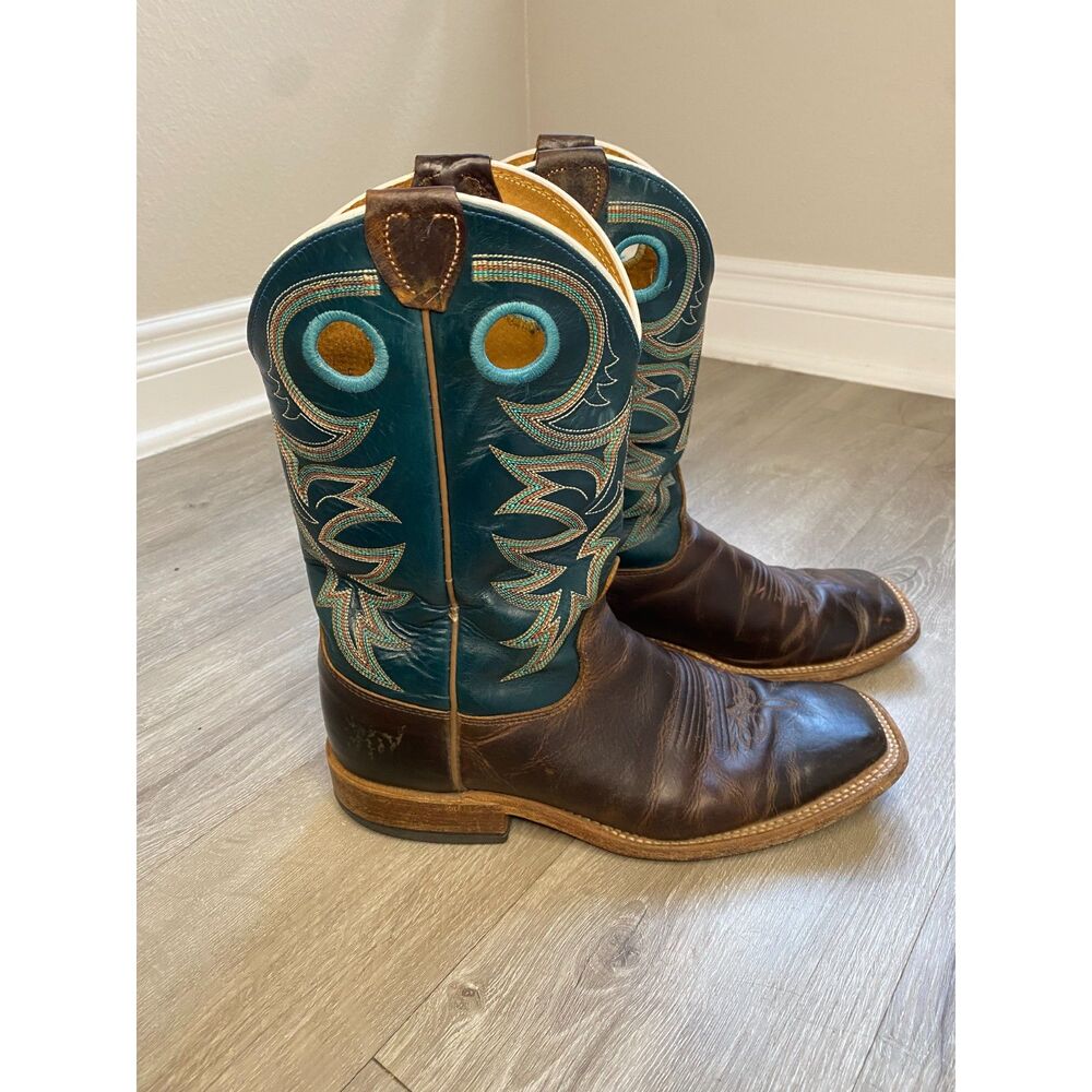 Justin Bent Rail BR738 Men's 8.5 D Brown Teal Leather Square Toe Cowboy Boots